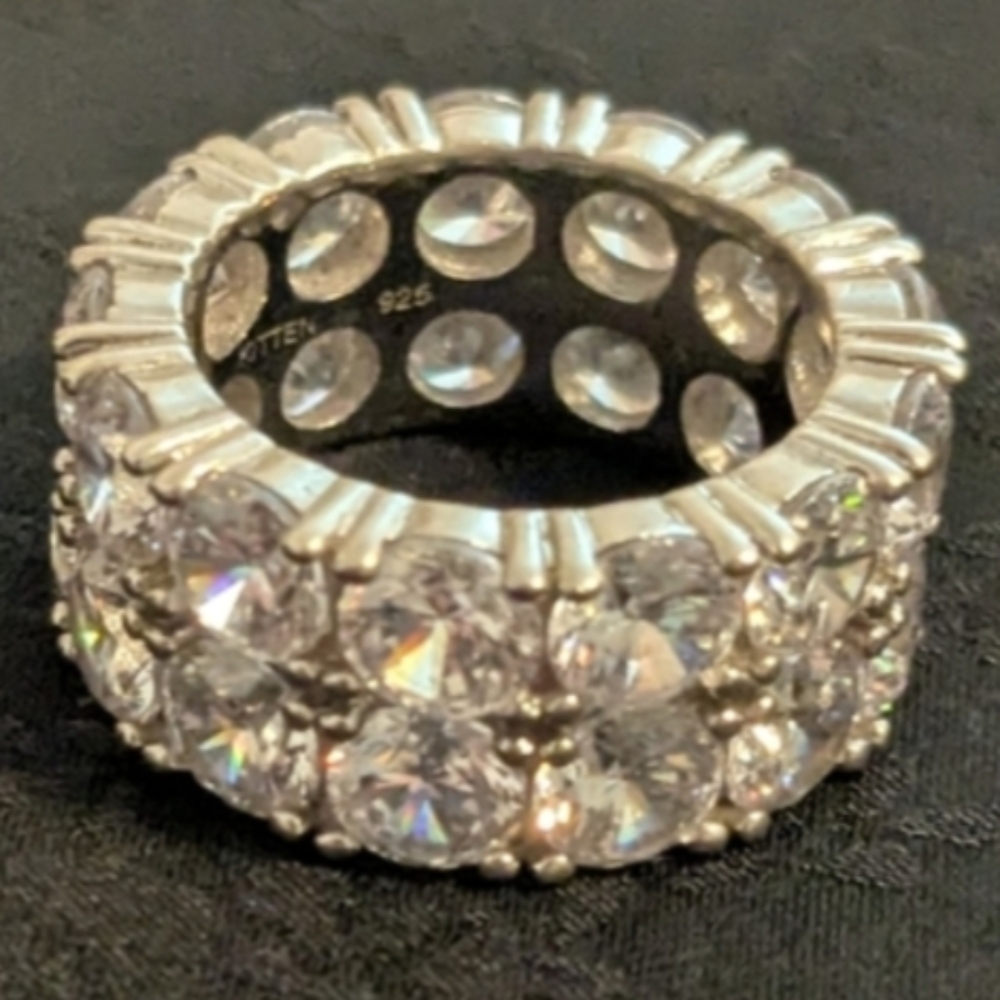 Trendy 925 Solid Sterling Silver Ring Brilliant Double Row CZ Tennis Ring Size 6 - Picture 5 of 7